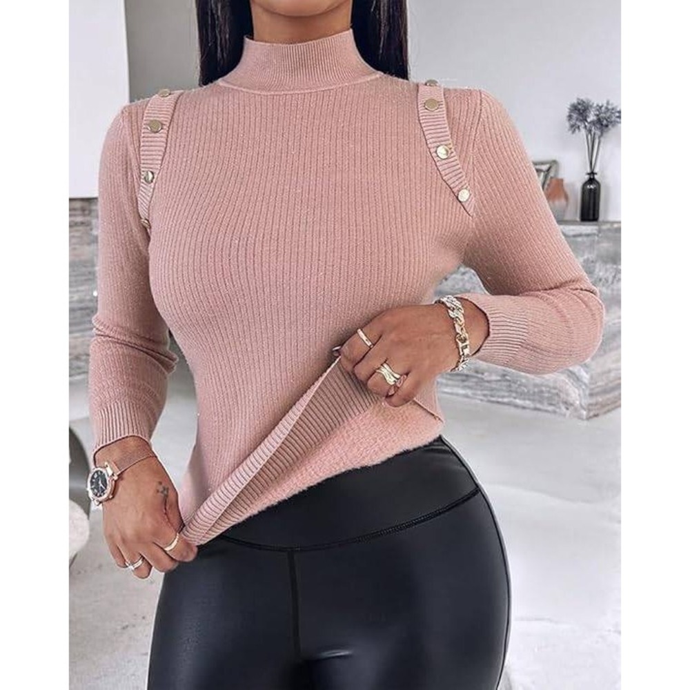 ChicMe Womens Mock Neck Ribbed Knit Sweater Gold Button Shoulder Pink L LZD62087